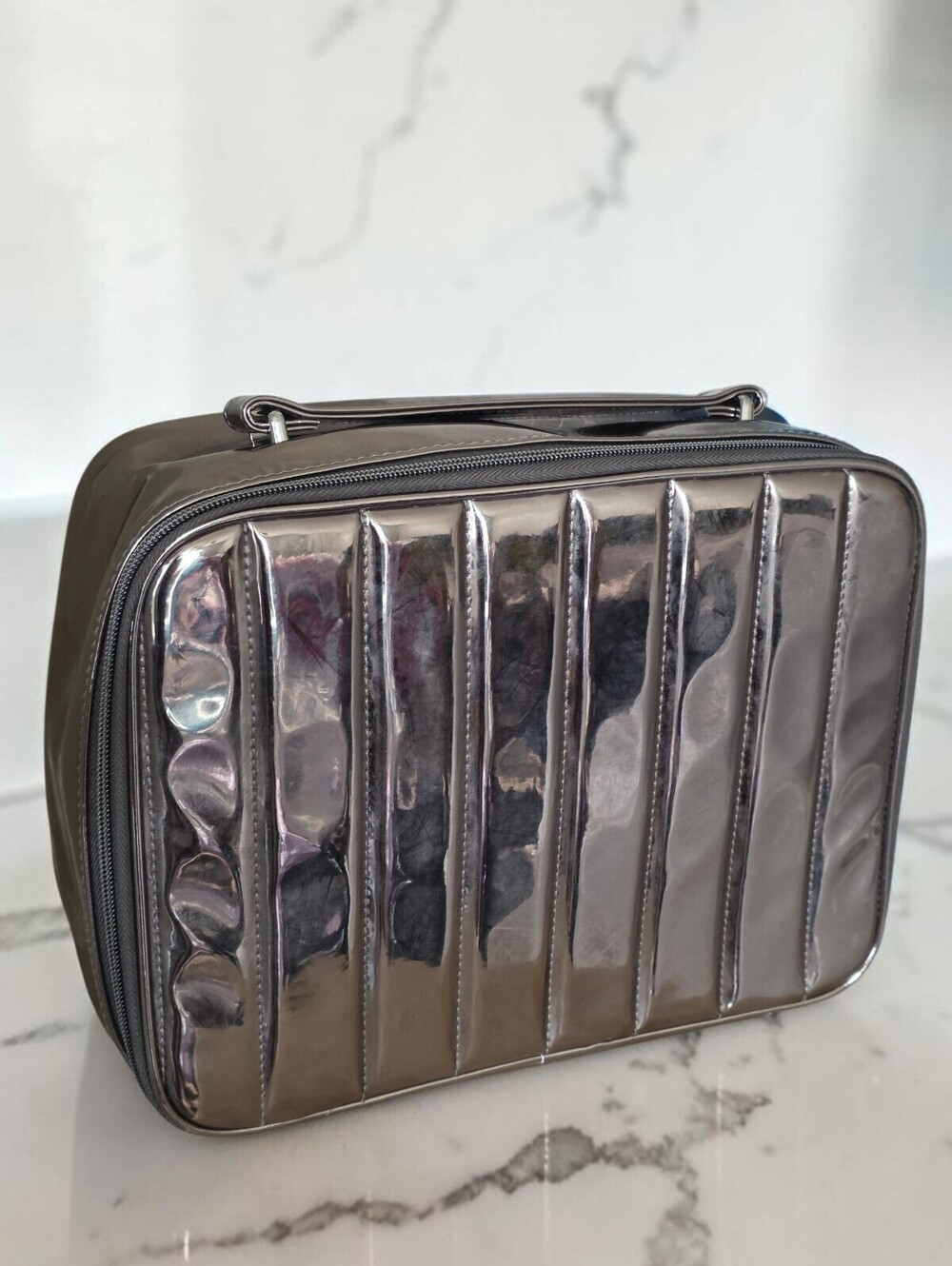 Lancôme Metallic Pewter Train Case Makeup Cosmetic Travel Organizer Vanity Case